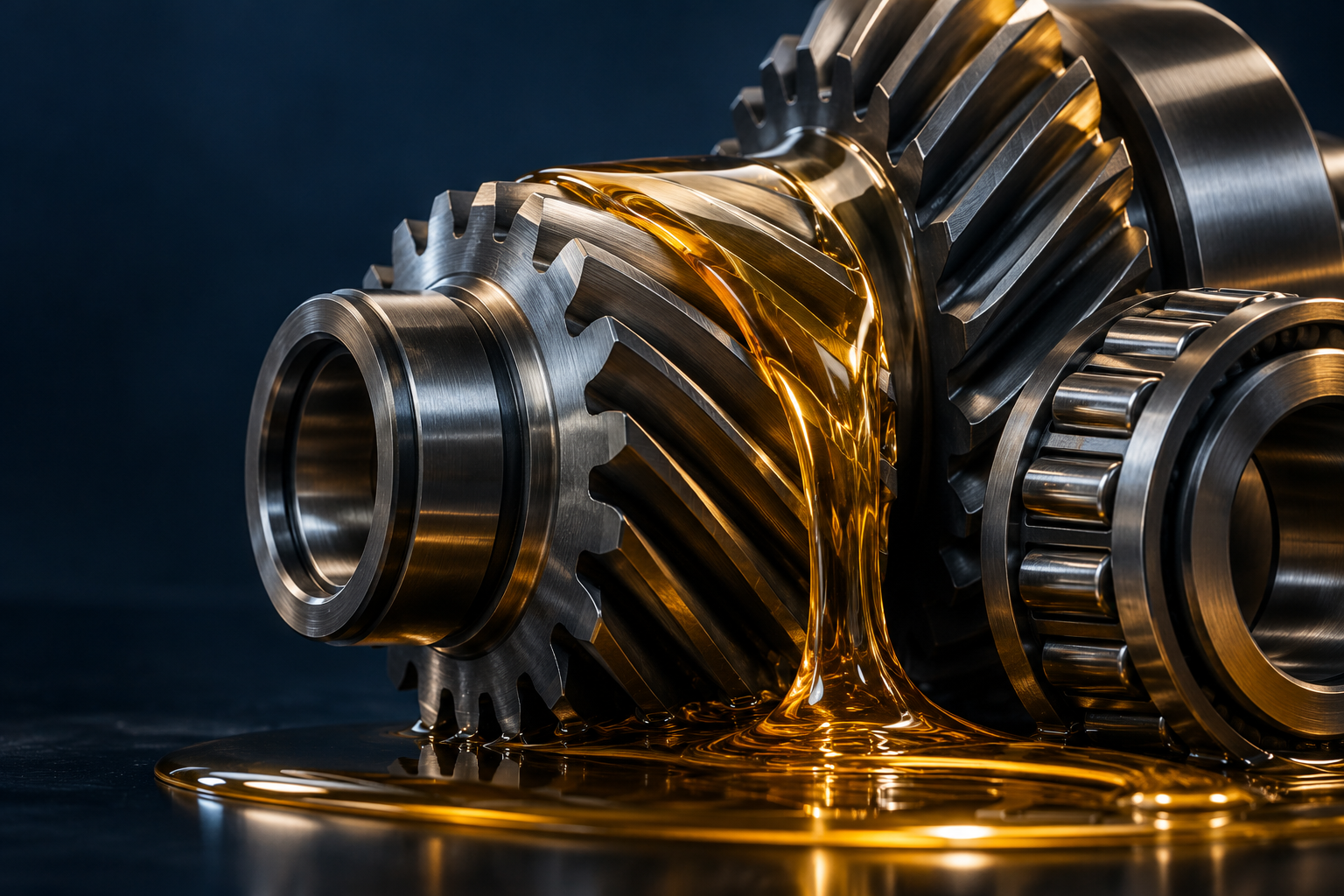 Clean precision steel gears with a ribbon of amber lubricating oil against a cool industrial background